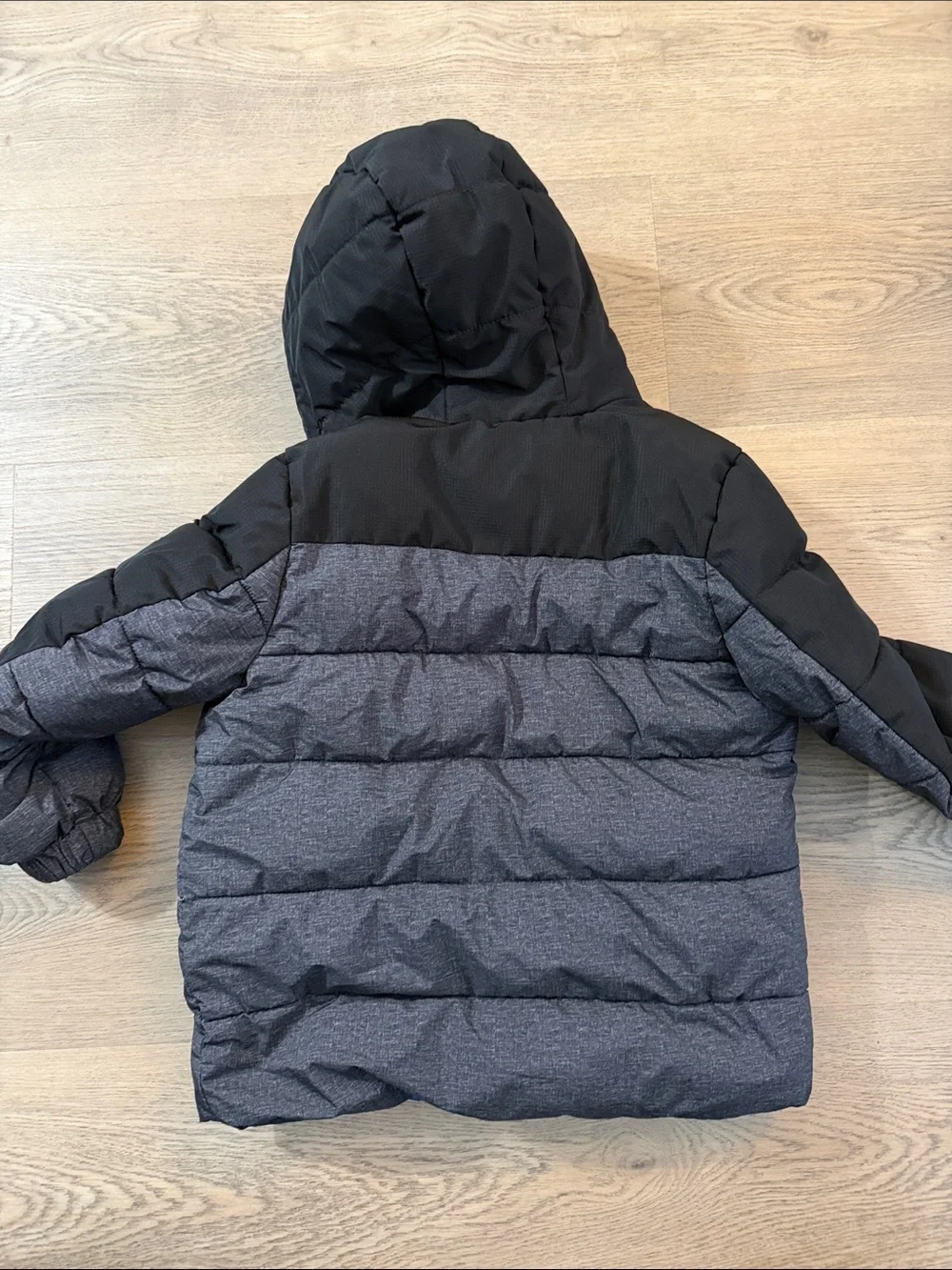 Kids Hooded Puffer Jacket - Gray & Black with Blue Trim